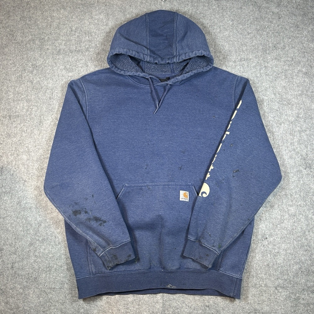 Carhartt Pullover Hoodie Loose Fit Mens Large Blue Sleeve Spell Out Workwear